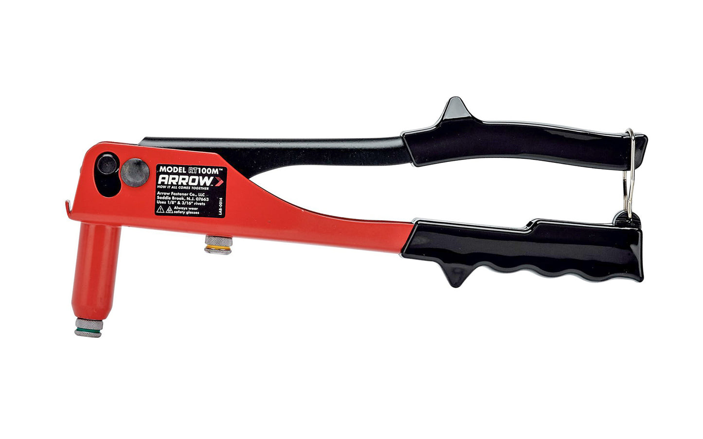 This Arrow RT100M Rivet Tool is a basic rivet tool suitable for most home riveting jobs. Ideal for automotive, gutters, HVAC, sheet metal, storm doors. Works with steel or aluminum rivets in sizes 1/8" & 3/16". Spring loaded tool. Arrow Fastener Model No. RT100M. 079055181002. Lightweight design with a comfortable grip