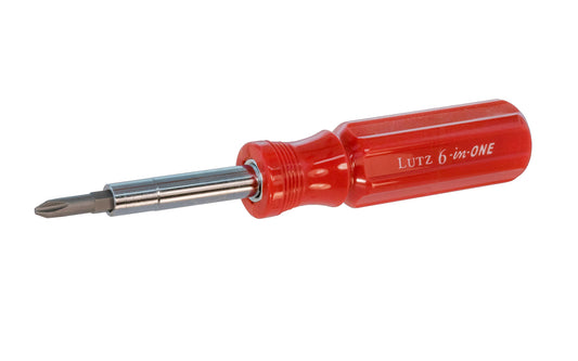 Lutz 6-in-1 Screwdriver in a red color. Includes 1/4" slotted bit, 3/16" slotted bit, #1 phillips, #2 phillips, 5/16" Nut Driver. Bits are long-lasting, made of chrome vanadium 6150 steel alloy & are heat treated to a Rockwell of 58 to 60. 6-in-one screwdriver. Tough hard plastic body. 052427240071
