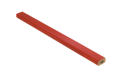 This red color Carpenter's Pencil is designed for drawing out visible lines, marking drill holes, measurements, & good for other construction needs. It has broad point type with #2 hard pencil lead. Great for coarse lines on rough surfaces. Wide hex shape prevents pencil from rolling. Graphite Construction Pencil.