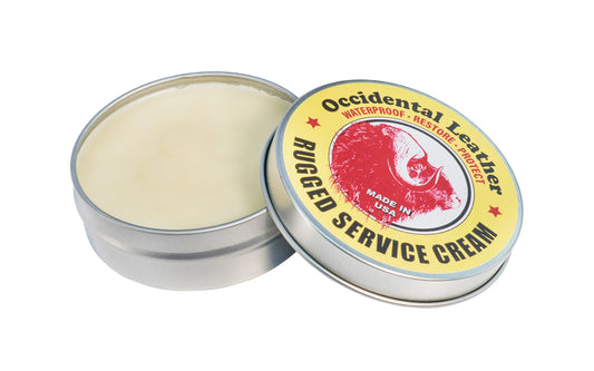 Made in USA - Rugged Service Cream by Occidental Leather coats & penetrates fibers to inhibit oxidation, & maintains a desirable level of lubrication in leather, allowing fibers to bend & move for long life. Cream is chemically neutral, carrying no salts or harsh solvents. Model 3850. Safe on Skin. Beeswax. Natural