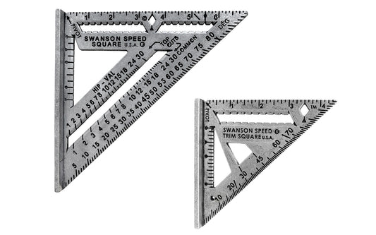 The Swanson 7" Speed Square Pro & 4-1/2" Speed Trim Square Set. Five tools in one: a try square, a miter square, a protractor, a line scriber, & a saw guide. They are constructed of durable heavy-gauge aluminum alloy & have black engraved markings. Value pack.  Made in USA. Model No. S0100-AS0145. 038987014529