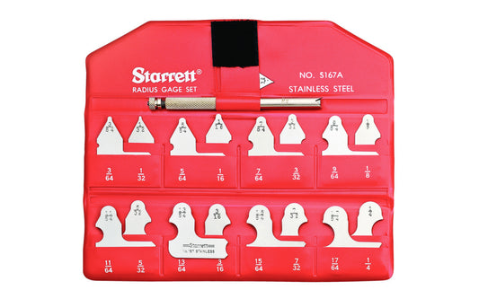 The Starrett S167 Radius Gage Inch Set with Holder features 1/64-17/64" radii range, 64ths increments, and 17 gages. Allows radii or fillets to be checked or laid out easier, faster, and more accurately. Model S167AHZ.  Made in USA.