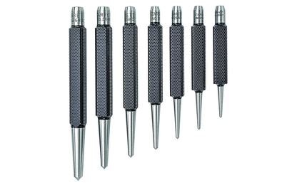 Starrett Center Punch Set - S264WB. Square Shank features square knurled grip & will not roll when laid down. It is hardened & properly tempered. Tips are accurately centered & ground at the proper angle to give maximum service. Sizes included: 1/16", 5/64", 3/32", 1/8", 5/32", 3/16", 1/4". 049659512854. Made in USA.