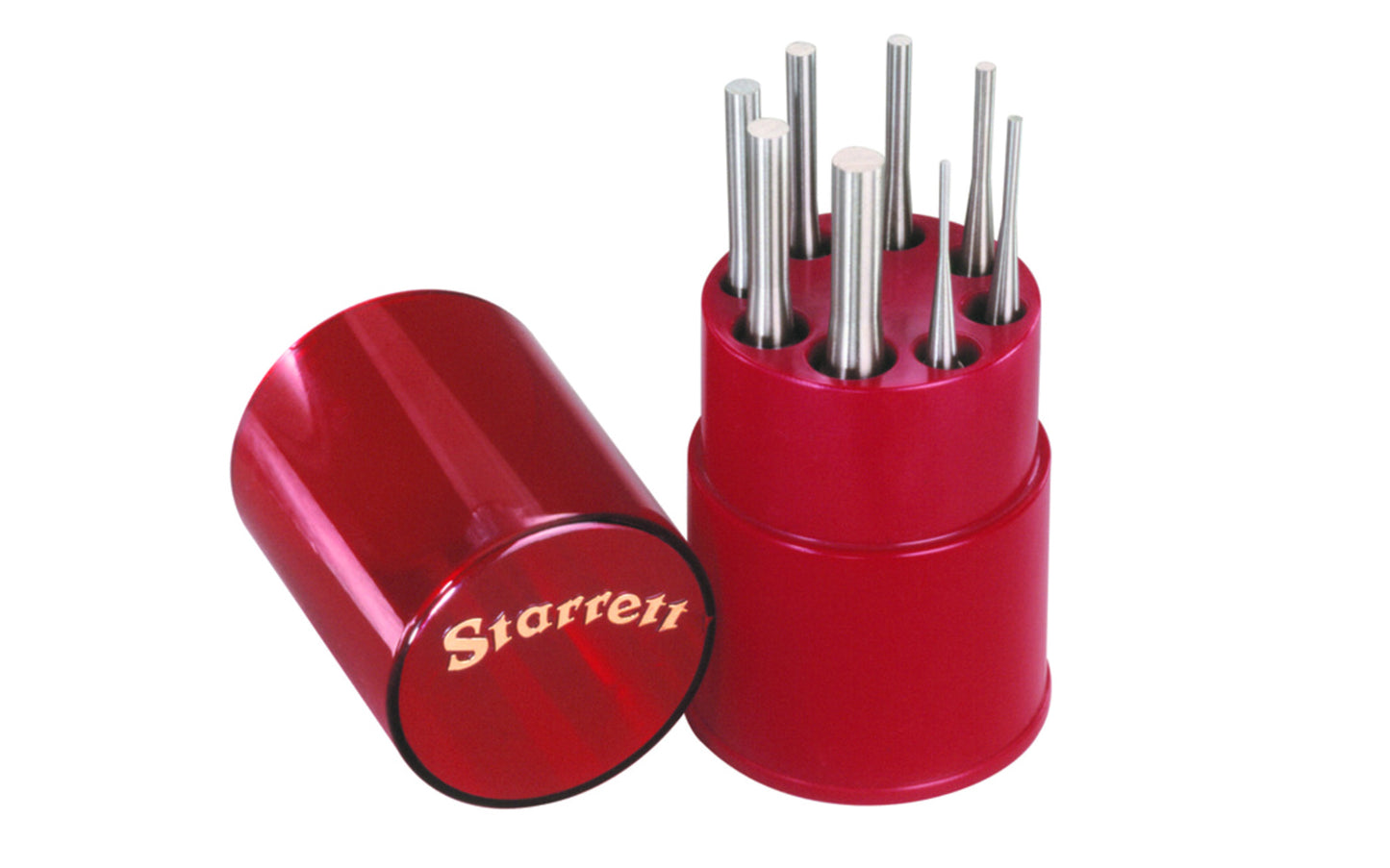 Starrett Drive Pin Punch Set. Model No. S565WB. The punches are well proportioned, hardened, properly tempered, nicely finished, & have a knurled finger grip. Each punch has the size stamped on the head. Sizes included: 1/16", 3/32", 1/8", 5/32", 3/16", 7/32", 1/4", 5/16". Includes round red plastic box.  Made in USA. 049659525861