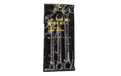 Made in Japan. 3-piece SAE flare nut wrench set offers a size range from 3/8" to 11/16". Designed to grip all six sides of a nut. Great for use on hex nuts made of softer materials. Great for brake line nuts & fittings. Wrench sizes include:  3/8" x 7/16",   1/2" x 9/16",   5/8" x 11/16". Standard Flare Nut Wrench Set