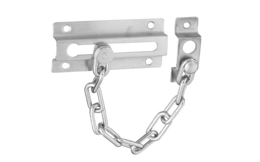 This satin chrome plated door chain provides security while allowing door to open partially. An economical chain fastener. Made of steel material with a satin chrome plated finish. Includes six flat head phillips screws. National Hardware Model No. N274-407. 038613274402