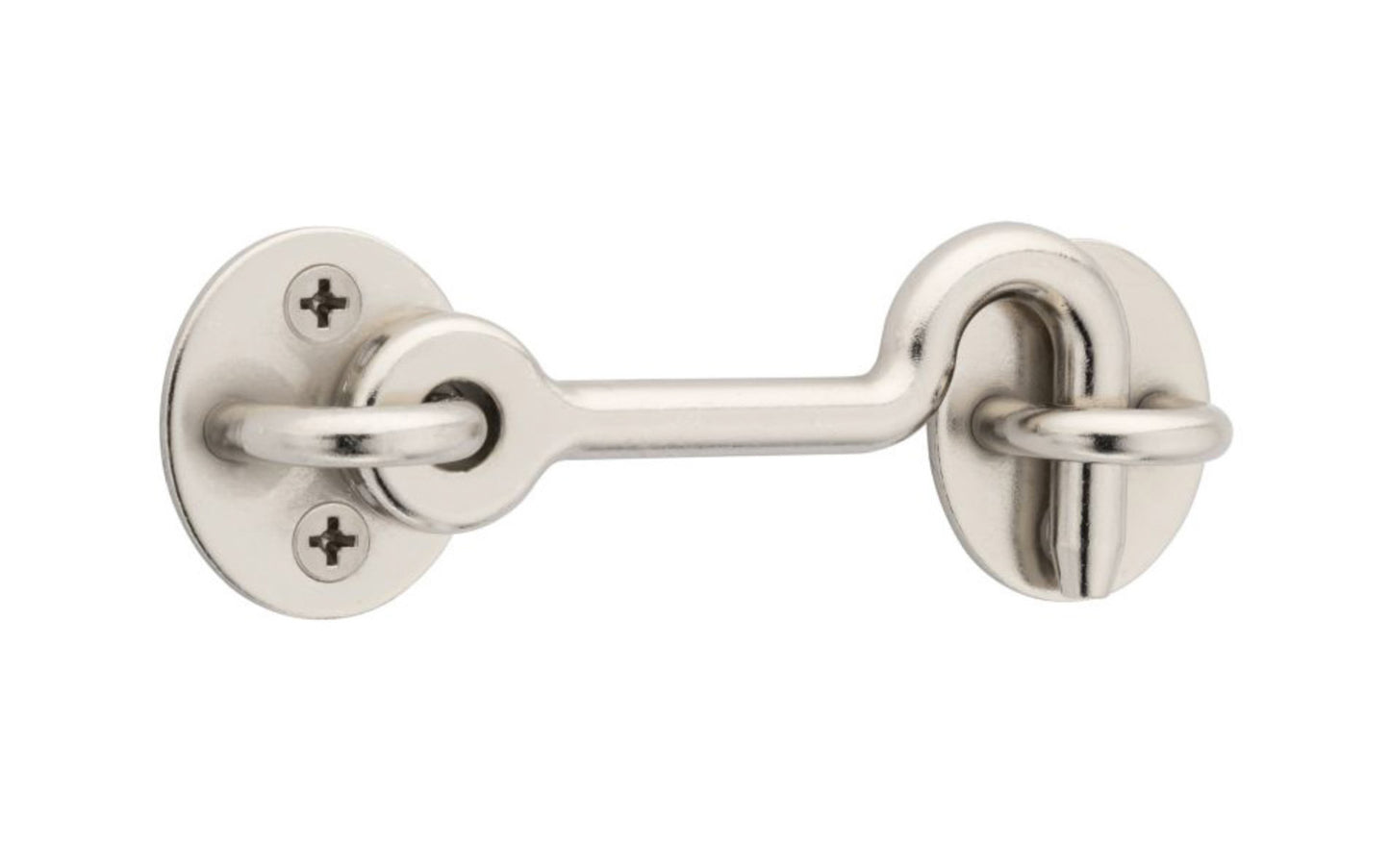 4" Satin Nickel Privacy Hook. Designed for interior barn door hardware. privacy hook. Adds a privacy function to any sliding door hardware door. Includes fasteners. Sold as a single hook and pad. Includes four flat head phillips screws. National Hardware model N187-036. 886780018981
