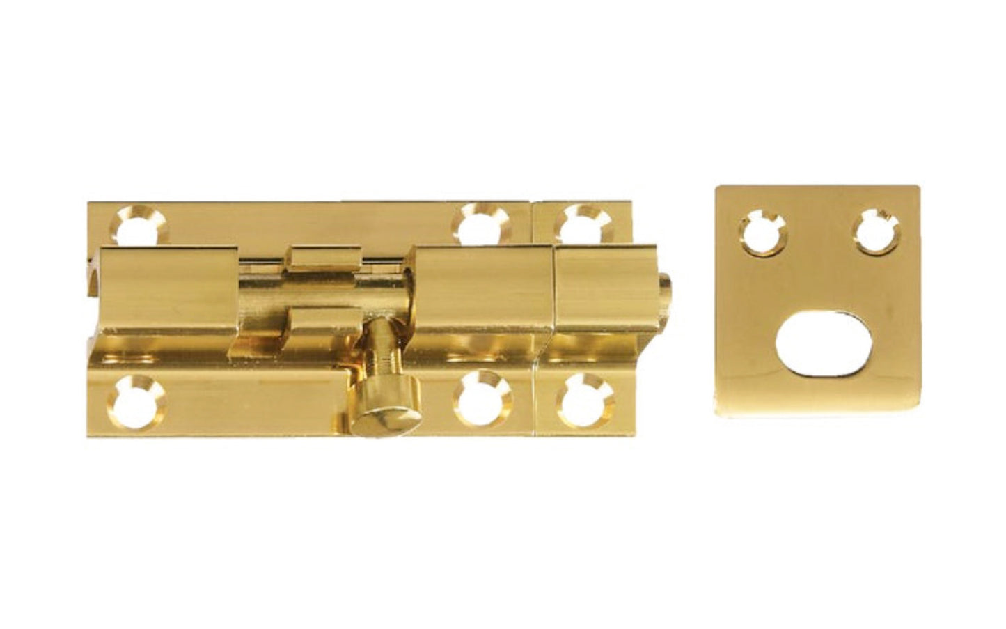 This 2" Solid Brass Barrel Bolt is designed for security applications on lightweight doors, chests, & cabinets. Use on vertical, horizontal, left or right hand applications. Lacquered finish. Includes six solid brass phillips screws. 2-1/4" width x 1-1/4" height. National Hardware Model No. N216-002. 038613216006