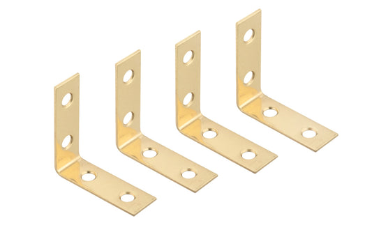 1-1/2" x 5/8" Solid Brass Corner Braces - 4 Pack. These solid brass corner braces are designed for furniture, countertops, shelving support, chests, cabinets, etc. Made of solid brass material. Sold as four corner irons in pack. Includes fasteners. 4 Pack. National Hardware Model No. N213-397. 038613213395