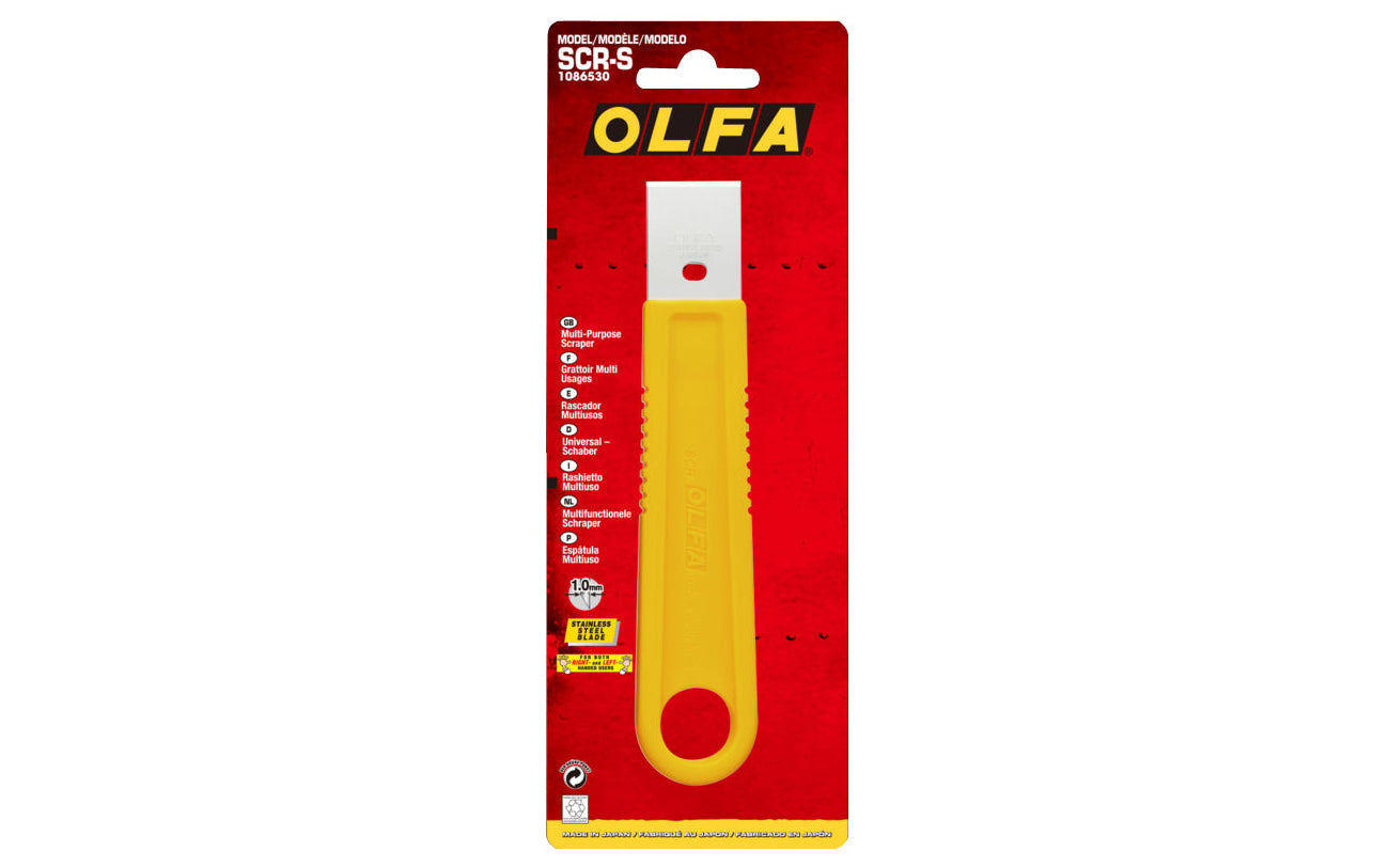 The Olfa 25 mm Multi-Purpose Scraper gets into tight spaces for optimal scrapping power. Premium stainless-steel blade that prevents rust & offers easy clean-up. Narrow 1" wide head navigates a variety of jobs including decals, gaskets, paint, window film, vinyl, residues, adhesives, & more. Model SCR-S. Made in Japan