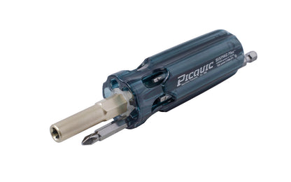 Picquic Model 88101B - Black Color "Sixpac Plus" with a solid handle for comfort & torque, & has no moving parts. Bits included: #1, #2, #3 philips, 1/4", 3/16" slotted, # square, 15 Torx. Sixpac Multi-Bit screwdriver with bit storage in handle. 57369881047. magnetic rare earth magnet holds the working bit in shank