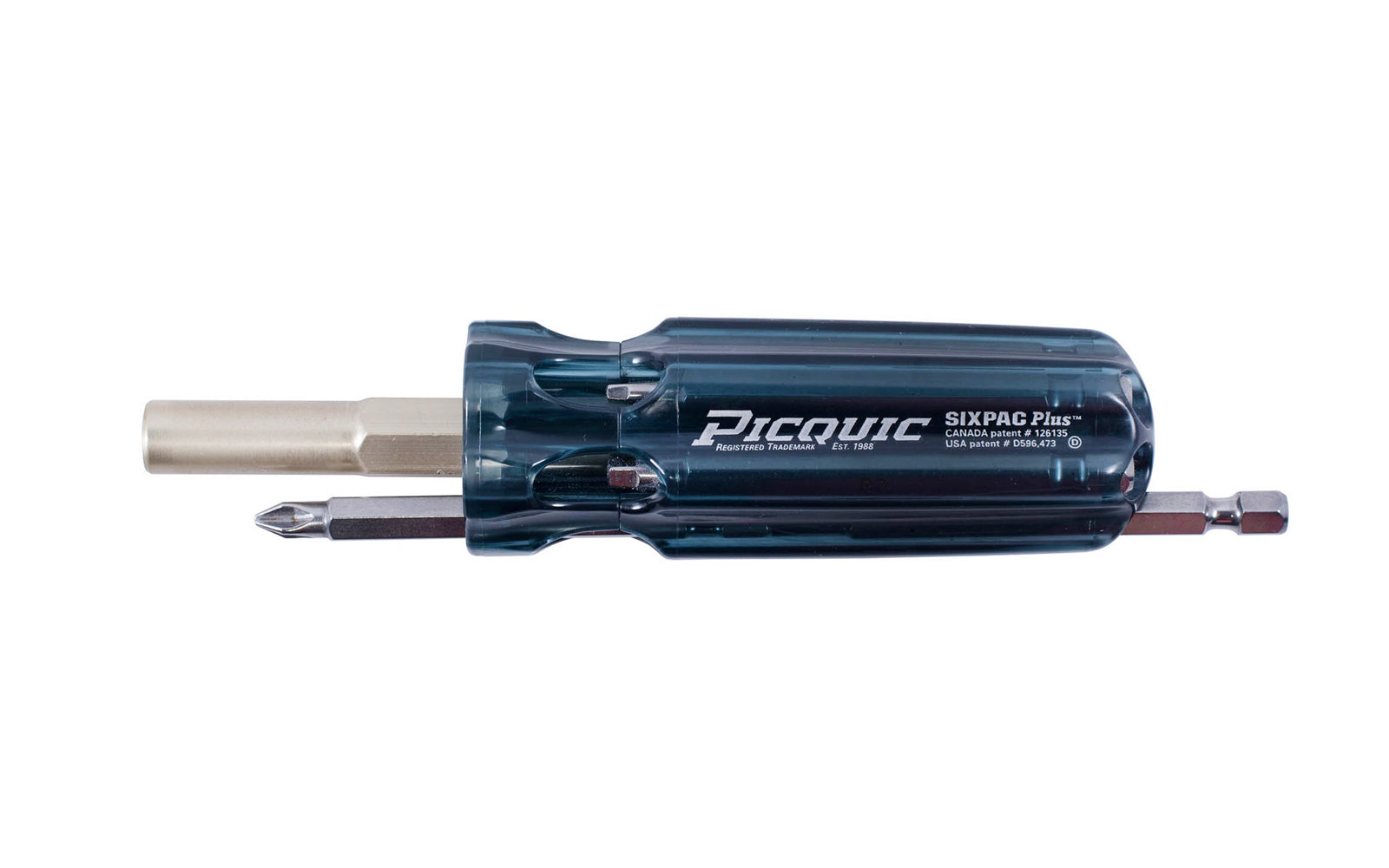 Picquic Model 88101B - Black Color "Sixpac Plus" with a solid handle for comfort & torque, & has no moving parts. Bits included: #1, #2, #3 philips, 1/4", 3/16" slotted, # square, 15 Torx. Sixpac Multi-Bit screwdriver with bit storage in handle. 57369881047. magnetic rare earth magnet holds the working bit in shank