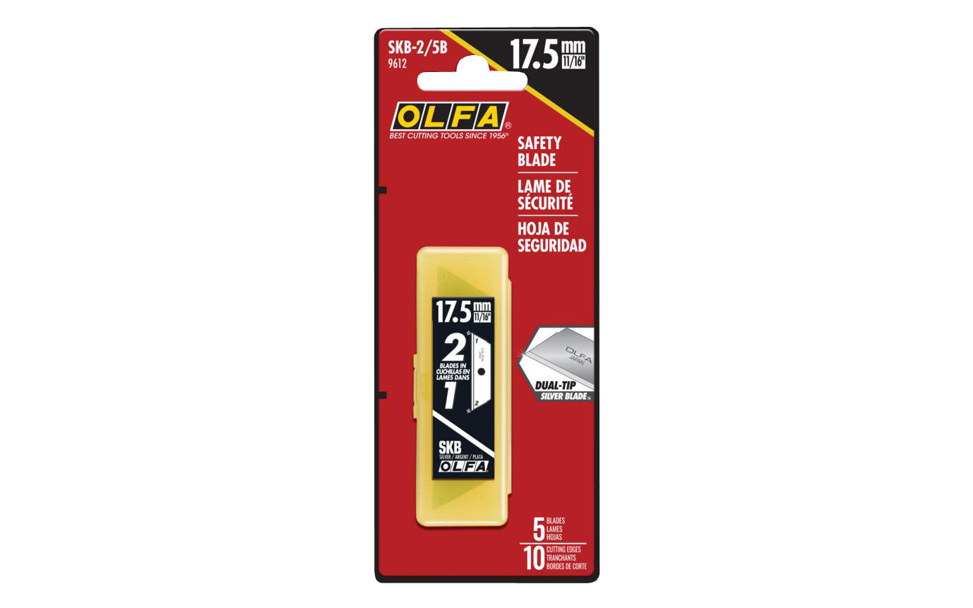 Olfa "SKB-2/5B" 17.5 mm Replacement Blades - 5 Pack. Cuts cardboard, shrink wrap, plastic strapping. Manufactured from premium Japanese tool steel for extreme sharpness with lasting edge retention. Exclusive dual-edge design doubles use. Designed for Olfa models UTC-1, SK-4, & SK-9.   Made in Japan. 091511700220