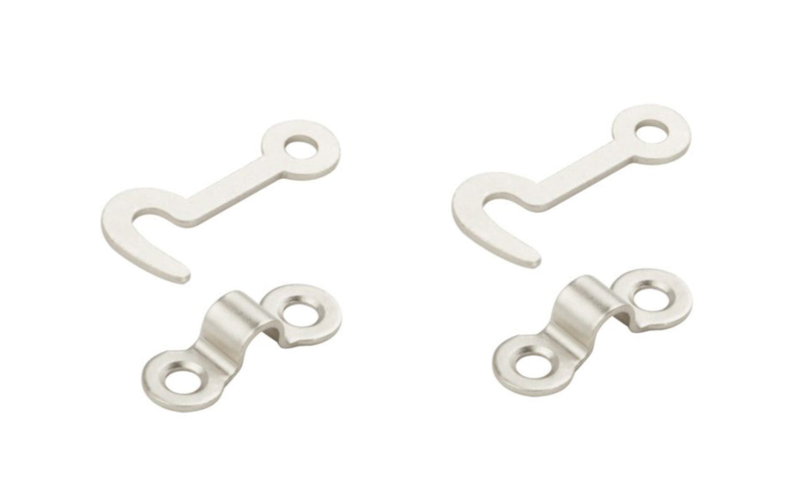 Small Hooks & Staples - 2 Pack. These small small hooks & staples are designed for small chests, jewelry boxes, craft projects, etc. Hook & loop design can be used for left or right hand applications. Sold as two hooks & staples in pack. Satin nickel.