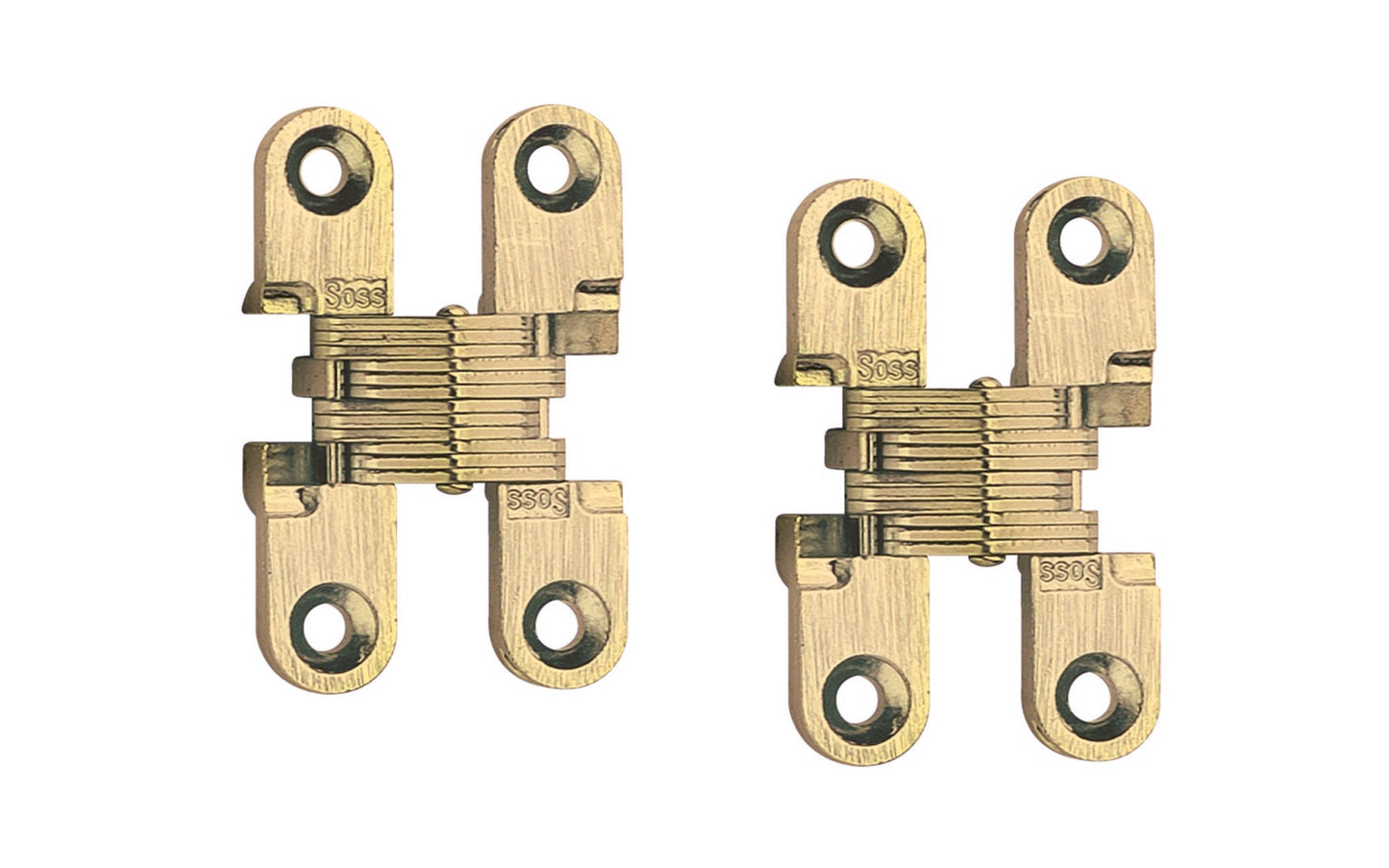These Soss invisible hinges are manufactured of steel with a satin brass finish. Fully concealed hinge. Use where a full 180 deg. opening and smooth flush finish. Sold as two hinges in pack. 2 Pack.