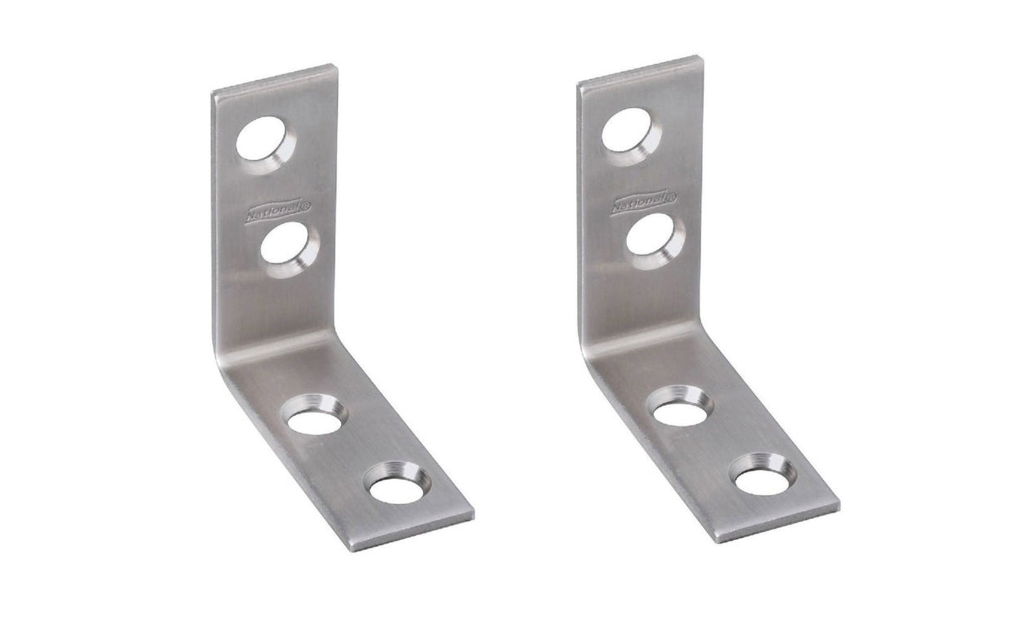 1-1/2" x 5/8" Stainless Corner Brace is designed for furniture, countertops, shelving support, chests, cabinets. For repair of items in workshop, & industrial applications. Stainless steel material for corrosion protection. Sold as pair of corner irons. Includes fasteners. 2 pack. National Hardware Model No. N348-300.