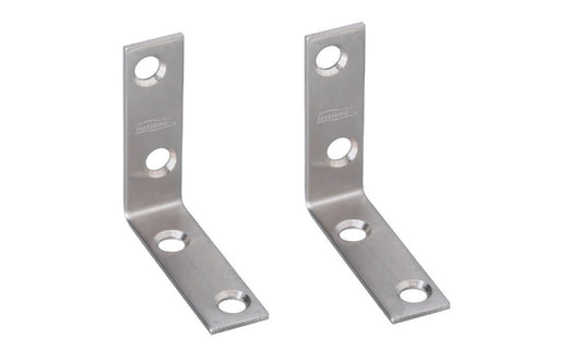 2" x 5/8" Stainless Corner Brace is designed for furniture, countertops, shelving support, chests, cabinets. For repair of items in workshop, & industrial applications. Stainless steel material for corrosion protection. Sold as pair of corner irons. Includes fasteners. 2 pack. National Hardware Model No. N348-318.