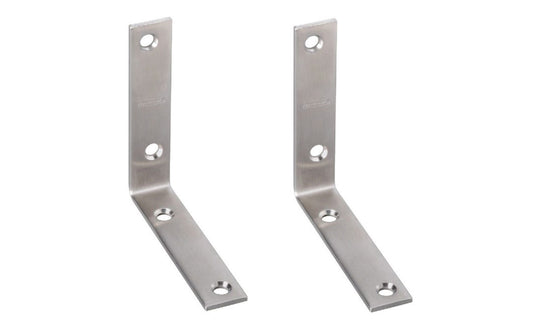 4" x 7/8" Stainless Corner Brace is designed for furniture, countertops, shelving support, chests, cabinets. For repair of items in workshop, & industrial applications. Stainless steel material for corrosion protection. Sold as pair of corner irons. Includes fasteners. 2 pack. National Hardware Model No. N348-862.