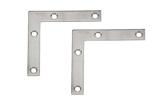 These 3" x 1/2" Stainless Flat Corner Braces are designed for furniture, countertops, chests, cabinets. For repair of items in workshop, & industrial applications. Stainless steel material for corrosion protection. Sold as pair of flat corner irons. Includes fasteners. 2 pack. National Hardware Model No. N348-334.