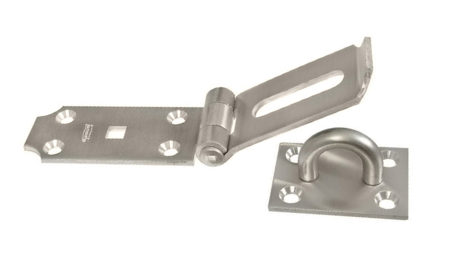 7-1/2" stainless steel heavy duty safety hasp. ACQ safe - safe for use with premium woods like cedar & redwood. Can be used on around-the-corner applications. Square center hole accepts carriage bolt for added security. Includes a rigid, non-swivel staple. 038613342552. HD SS Hasp. National Hardware Model No. N342-550