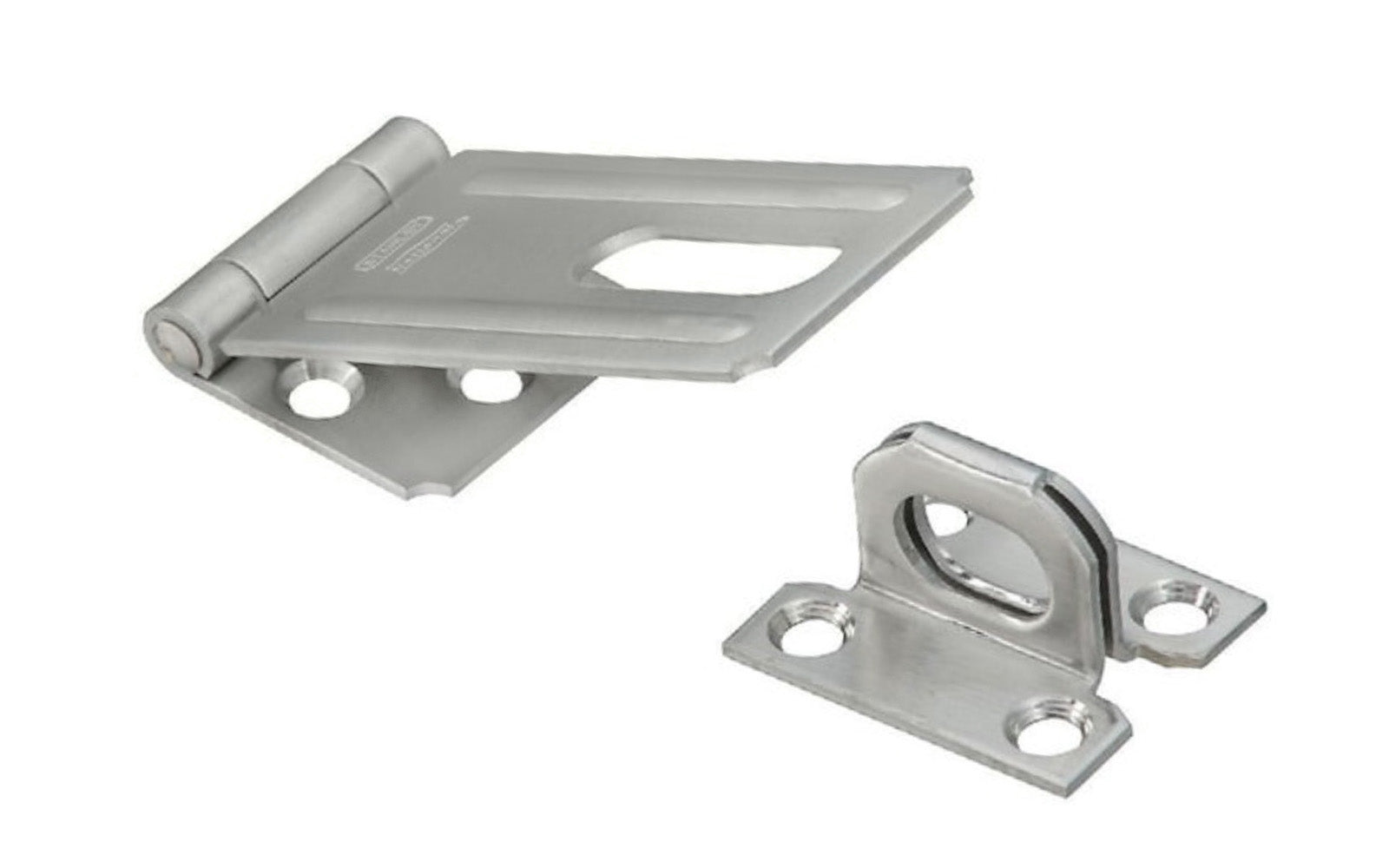 3-1/4" stainless steel safety hasp is designed to secure a variety of cabinets, small doors, trunks, & more. For security, all screws are concealed when hasp is closed. Includes rigid non-swivel staple. National Hardware Model N348-847. 038613348257. Stainless to withstand weather conditions & prevent corrosion.