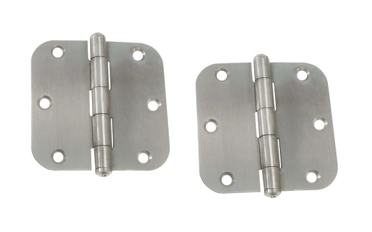 A Pair of 3-1/2" Stainless Finish Door Hinges with 5/8" corner radius. Satin stainless finish color on steel material. Sold as a pair of hinges. Fixed pin.  Ultra Hardware No. 35045.