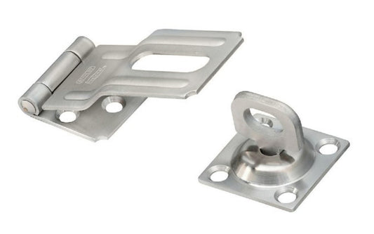 3-1/4" stainless steel swivel safety hasp is designed to secure a wide variety of cabinets, small doors, trunks, & more. For security, all screws are concealed when hasp is closed. Includes swivel staple. National Hardware Model N348-847. 038613348844. Stainless to withstand weather conditions & prevent corrosion.