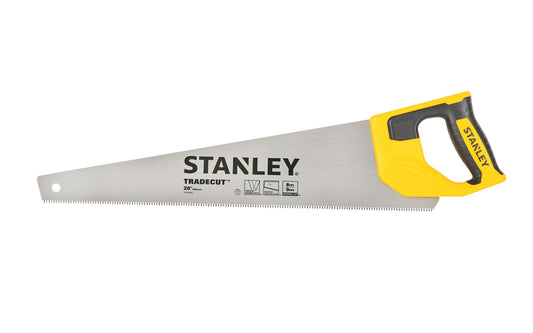 Stanley Tools Model STHT20350. 20" Tradecut Panel Handsaw provides quick, efficient cutting with a comfortable, slip resistant bi-material grip. With triple ground teeth, this saw makes for fast cutting on both the push & pull stroke. Induction hardened blade. Aggressive cut saw.  8 TPI. Made in Denmark. 076174203509