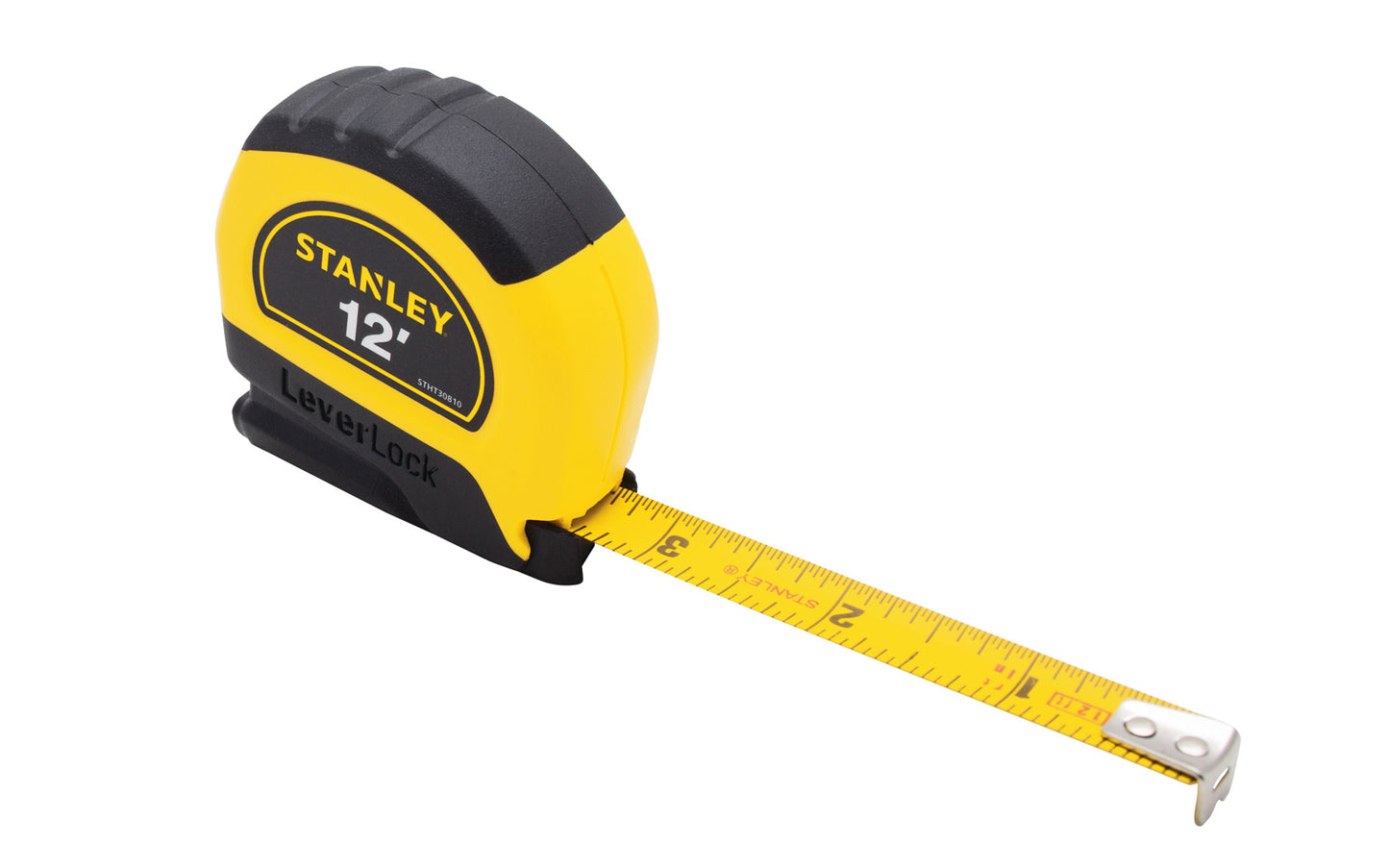 Model STHT30810 · Stanley Tools Leverlock model tape measure - Blade locks automatically. 12' long. 1/2" wide blade - Non-glare blade. Easy to read, comfortable to hold, & built to last, this tape measure is a versatile for all your jobs. The tape measure has a squeeze bottom lever to retract the blade. 076174308105