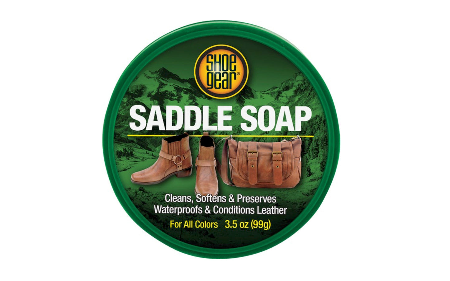 Saddle soap. Ideal to clean, soften, & preserve leather. Prevents salt stains. For all colors. Shoe Gear, Rhode Island Textile Co. Model No. 4428-3. 3.5 oz container. 070049442833