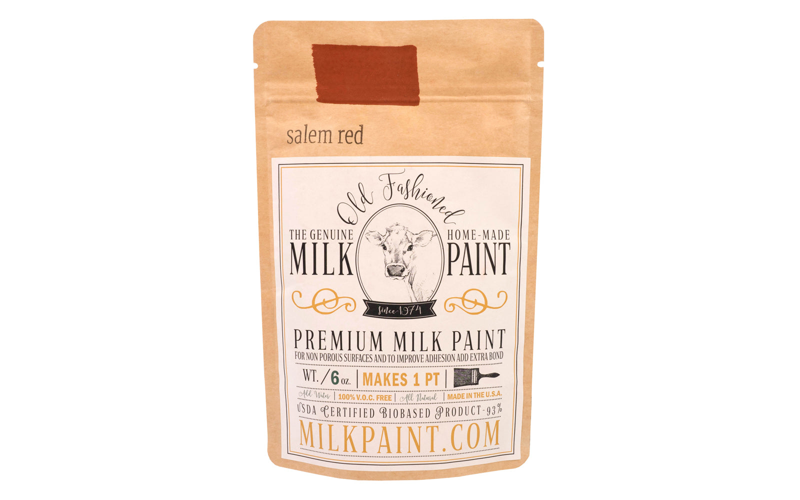 This Milk Paint color is "Salem Red" - It is a dark red with brown and orange undertones. Comes in a powder form, you can control how thick/thin you mix the paint. Use it as you would regular paint, thinner for a wash/stain or thicker to create texture. Environmentally safe, non-toxic & is food safe. 100% VOC free. Powder Paint