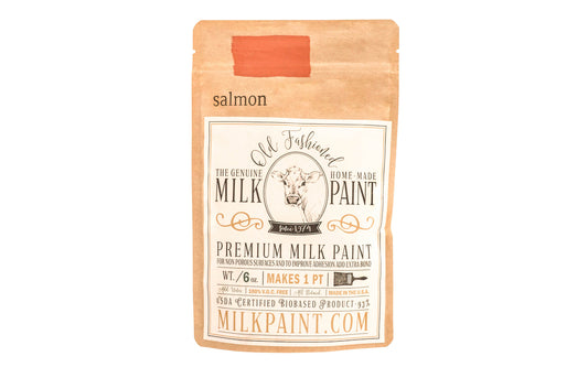 This Milk Paint color is "Salmon" - Subdued terra cotta color. Comes in a powder form, you can control how thick/thin you mix the paint. Use it as you would regular paint, thinner for a wash/stain or thicker to create texture. Environmentally safe, non-toxic & is food safe. 100% VOC free. Powder Paint