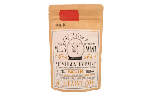 This Milk Paint color is "Scarlet" color - It is a bright true red color. Comes in a powder form, you can control how thick/thin you mix the paint. Use it as you would regular paint, thinner for a wash/stain or thicker to create texture. Environmentally safe, non-toxic & is food safe. 100% VOC free. Powder Paint