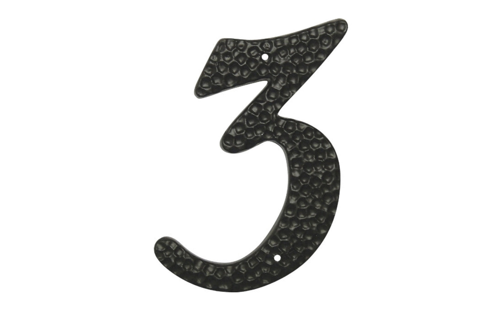 Number Three Black Hammered House Number in a 3-1/2" Size. Made of die-cast aluminum material with a black hammered style. Mounting nails included. #3 House Number. Hy-Ko Model No. DC-3/3. 029069201036
