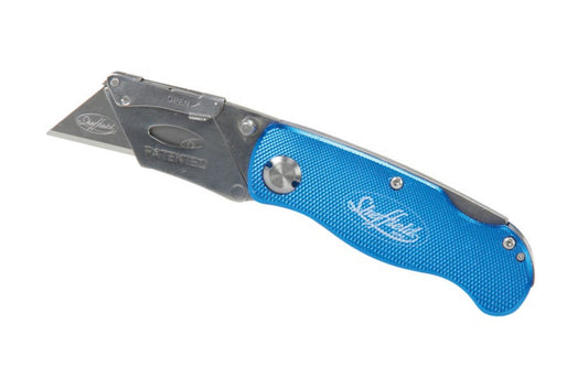 Sheffield Lockback Fixed Folding Utility Knife. Lightweight aluminum handle with convenient belt clip. Quick change blade mechanism. 1-hand opening operation with spring blade release. Uses standard utility knife blades. 076812121134. Model 12113