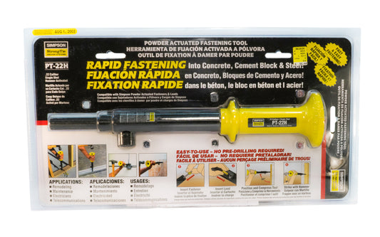 Simpson Power Actuated Fastening Tool - PT22H. Rapid fastening into concrete, cement block & steel. .22 caliber single shot hammer activated. Simpson Strong-Tie Brand. PT22H-RB. 07392647102