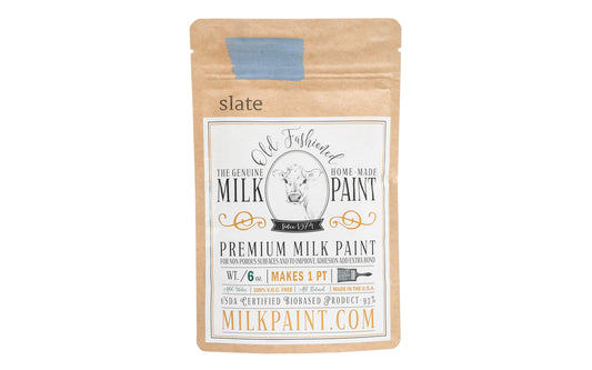 This Milk Paint color is "Slate" - It is a blue with slight gray and purple undertones. Comes in a powder form, you can control how thick/thin you mix the paint. Use it as you would regular paint, thinner for a wash/stain or thicker to create texture. Environmentally safe, non-toxic & is food safe. 100% VOC free. Powder Paint