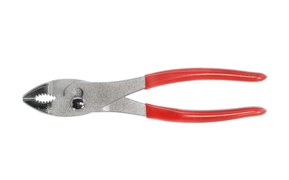 Japanese 8" Slip Joint Pliers. The serrated jaws help grip various different shapes. Fine teeth near nose tip, & coarse teeth in back of jaws.  8" overall length. Vinyl coated handle for a comfortable grip. Well-made & quality slip joint pliers.  Made in Japan.