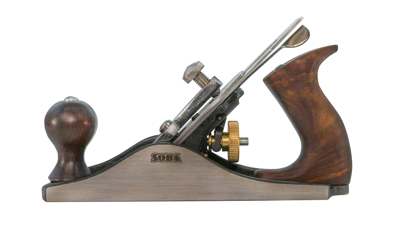 This No. 3 smoothing plane body is ribbed to ensure strength & rigidity. positive positioning helps prevent chattering. Iron is made of high carbon steel, hardened & tempered under precise control for accuracy & uniformity. Handle & knob are hardwood. #3 traditional smooth plane. 744391123220. Made by Rider / Soba