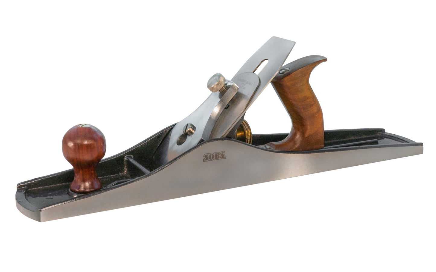 No. 6 Smoothing Fore Plane. Machined faces of the frog bed sit firmly onto similar machined faces on the body of the plane & then fastened in position by two screws. This positive positioning helps prevent chattering. The cut iron is made of high carbon steel, hardened & tempered. Made by Rider / Soba