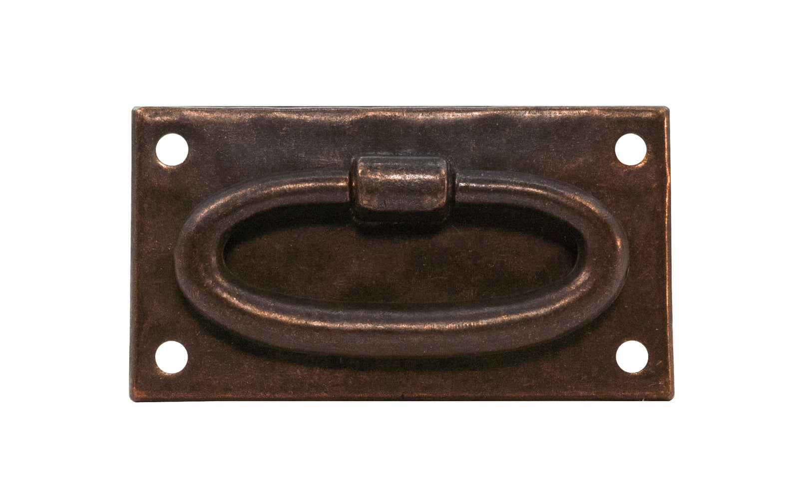 Vintage-style Hardware · Solid Brass Hammered Oval Ring Drop Pull. Designed in the Mission or Arts & Crafts style, Gustav Stickley style hardware. Rustic hammered drop pull. Antique copper finish. Includes pyramid-head screws. Thick solid brass drop pull plate. 1-13/16" high x 3-3/8" wide plate. Reproduction hardware.