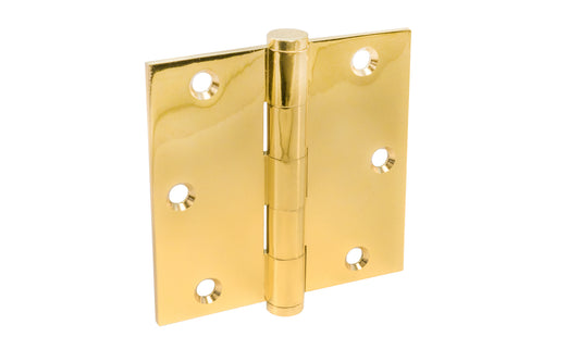 Lacquered solid brass 3-1/2" x 3-1/2" square corner door hinges with button tips. Sold as two hinges in pack and includes fasteners. Lacquered finish on solid brass material. Heavy extruded brass. Threaded button-tip finials.  Made by Ultra Hardware.