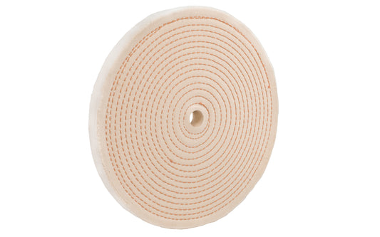 10" Spiral Sewn Buffing Wheel ~ 1" Thick is a workhorse for aggressive cutting & coarse buffing. 3/4" hole diameter. 1" wide thickness. Made in USA. spiral sewn wheel for prolong service. For coarse cutting & buffing, & flexible grinding. Stiffer cotton sheeting held together with 1/4" wide spiral sewn lockstitch sewing