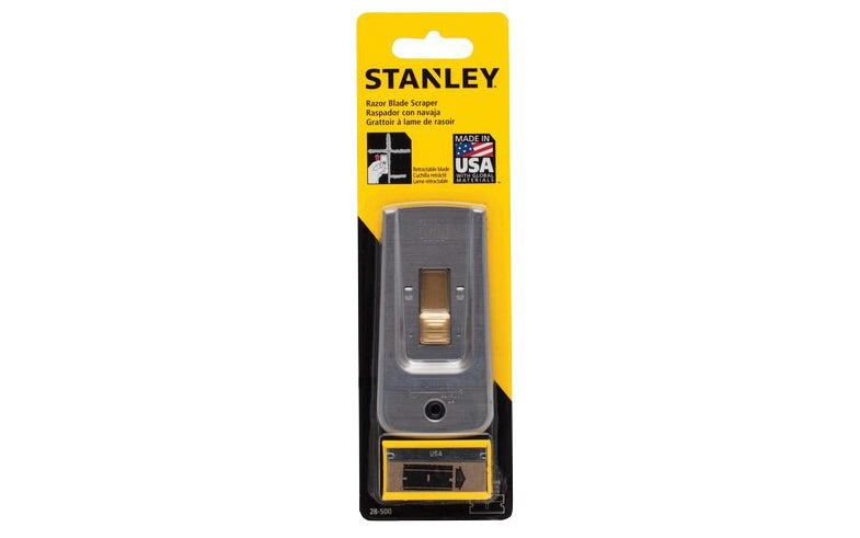 This Stanley Razor Blade Scraper with 5 Blades removes paint, glue, putty or adhesives from glass, tile, walls, floors or other smooth surfaces. Uses standard single-edge razor blades. Include 5 blades. 076174285000. Model 28-500. Made in USA