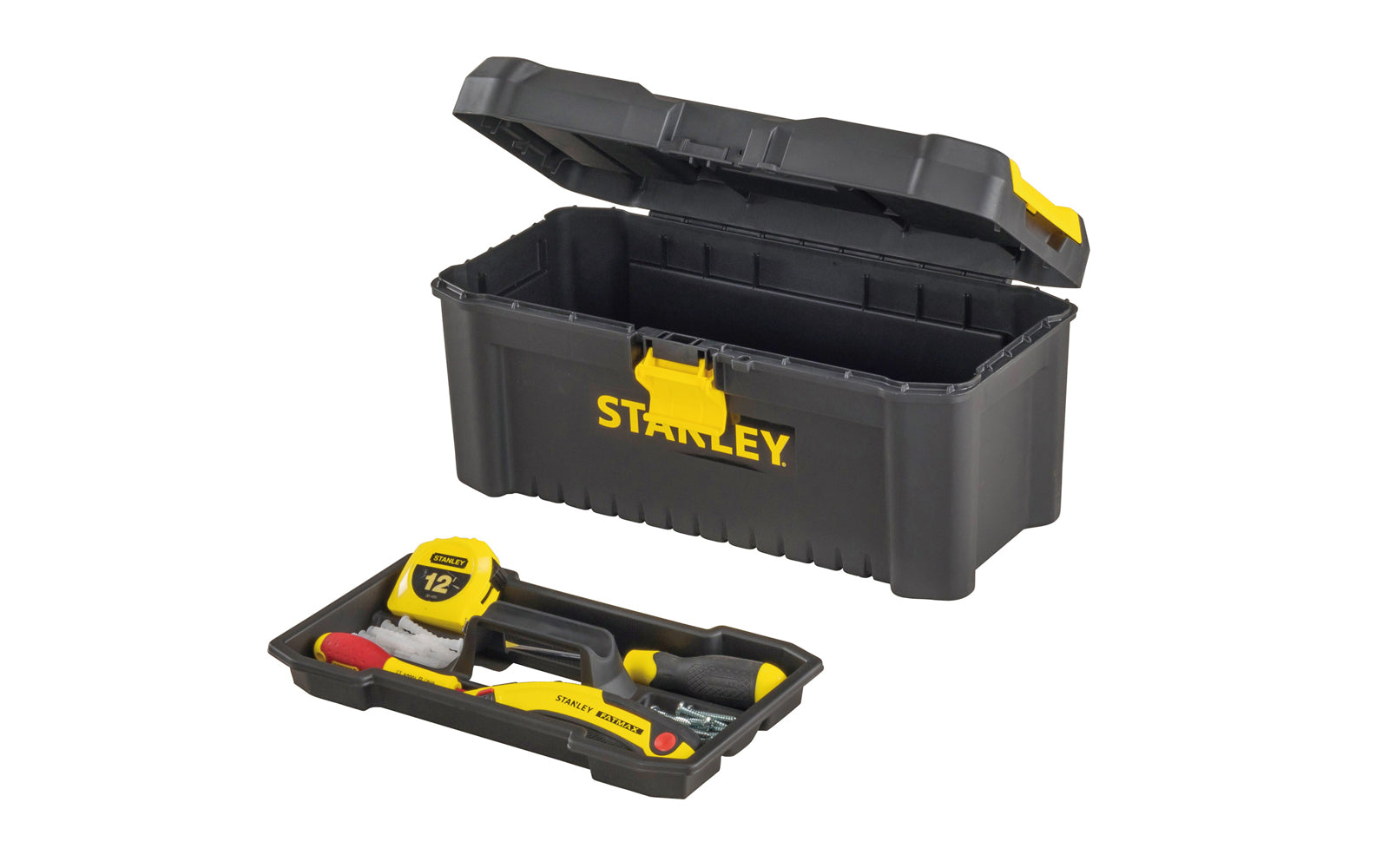 Stanley 16" "Essential" Toolbox is newly redesigned & engineered to satisfy virtually any storage need. It has top organizers for small parts organization & includes a tool tray with handle. It also has a padlock opening, which enables to lock the tool box. 076174755176. Model No. STST16331. Made in Isreal