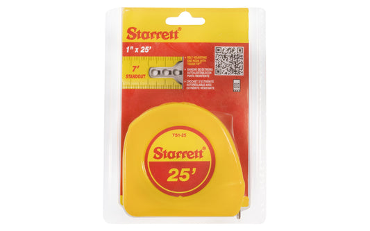 Starrett 1" x 25' Tape Measure - 1/16" Graduations. Durable ABS plastic case. Steel belt clip. Starrett Model KTS1-25. 049659306651