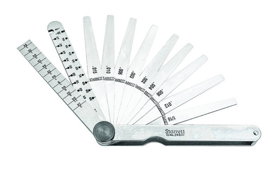The Starrett 245 English Thickness Gage consists of a wire gauge, an Engineers' combination taper gage for measuring slot widths, and an assorrtment of thickness gage leaves, all folding within a compact steel case. Tempered Steel.  Made in USA.