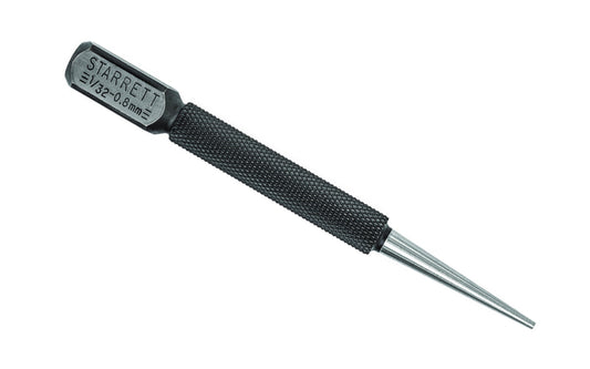 Model No. 800A. Hardened & Tempered. Starrett 800 Nail Set has a large, square head that provides a large striking surface and prevents the tool from rolling. 4" (100mm) Length, 1/32" (0.8mm) Punch Diameter. 049659530292.  Made in USA.