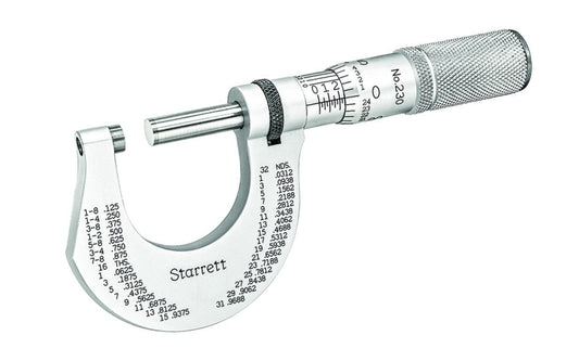 Starrett 230 & 230M Outside Micrometer includes 0-1" range, friction thimble, lock nut, carbide face, 0-1" Range, .0001" Grad, Carbide Faces, Friction Thimble, Lock Nut.  Made in USA. Model T230XFL