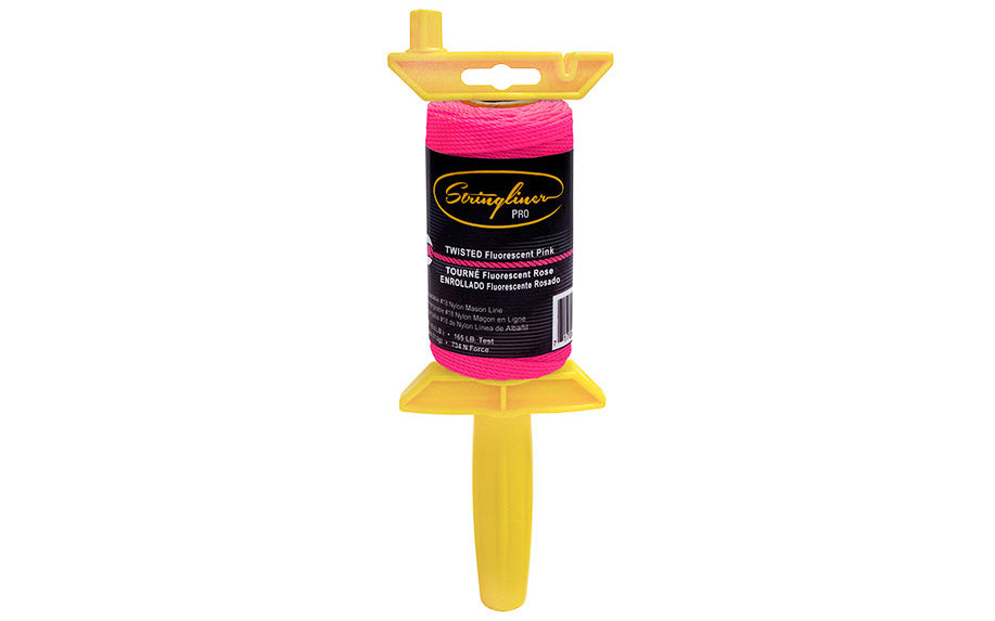 Stringliner Twisted Mason Line - Fluorescent Pink. Stringliner PRO Mason's Line Reloadable Reels are made of durable polyethylene, with a USA-made handle that allows you to quickly change rolls. Pro Reel fits Stringliner rolls from 4